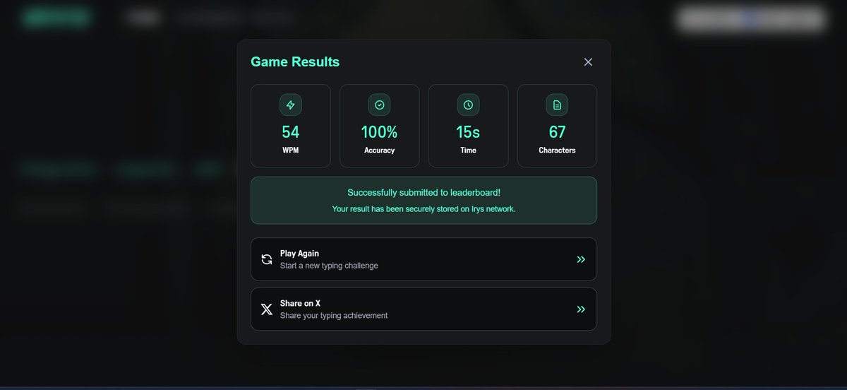 wealthmagn3t's tweet image. Just typed 54 WPM with 100% accuracy on @irys_xyz  SpriteType! ✨Not the fastest, but hey, zero mistakes!
Slow and steady wins the block. 😉

Try it here: spritetype.irys.xyz

#Irys #SpriteType