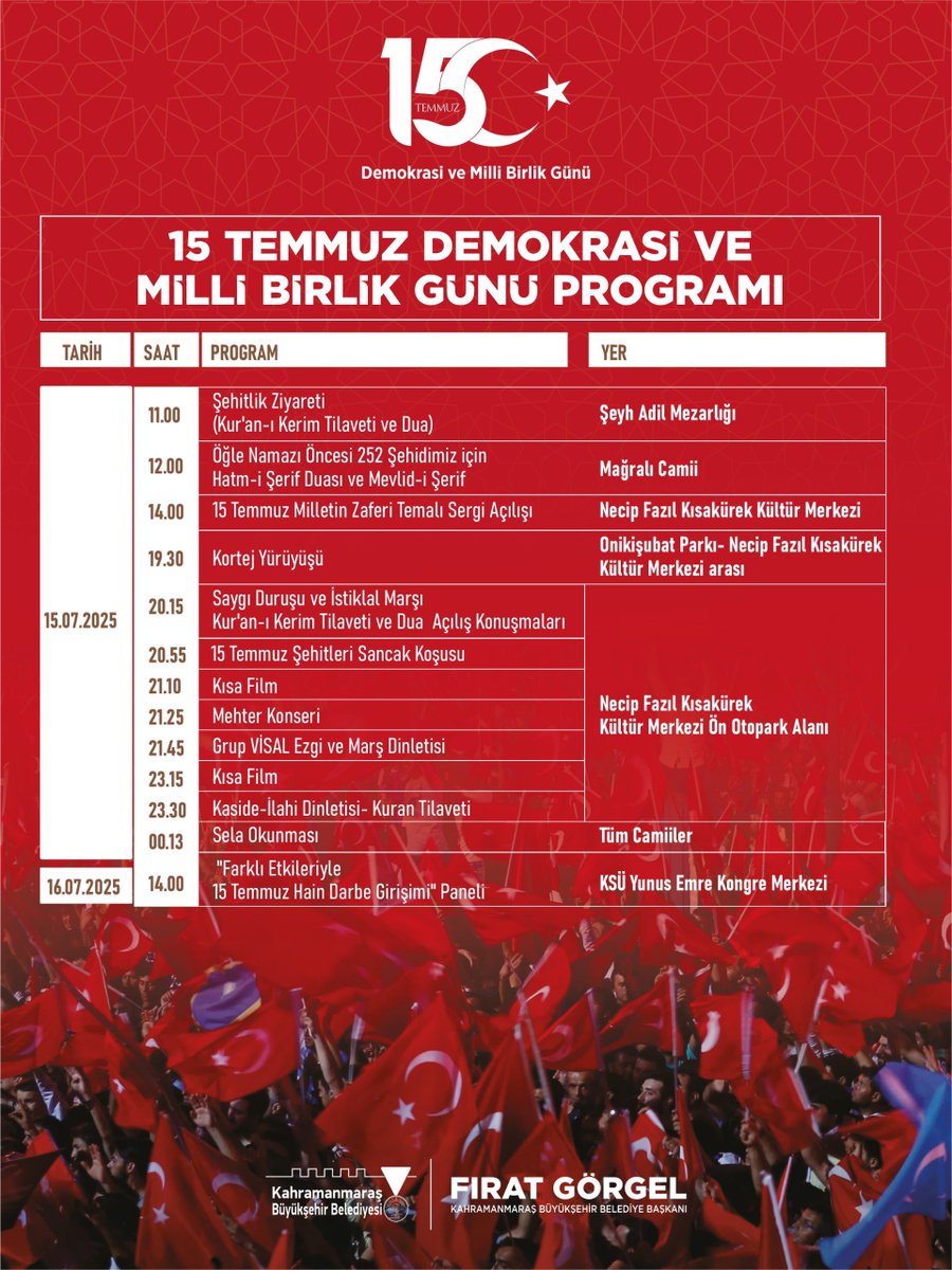 15 Temmuz Demokrasi ve Milli Birlik Günü’nün 9’uncu yıl dönümünde Binevler’de düzenlenecek kortej yürüyüşü ve programlara tüm vatandaşlarımız davetlidir. 🇹🇷
