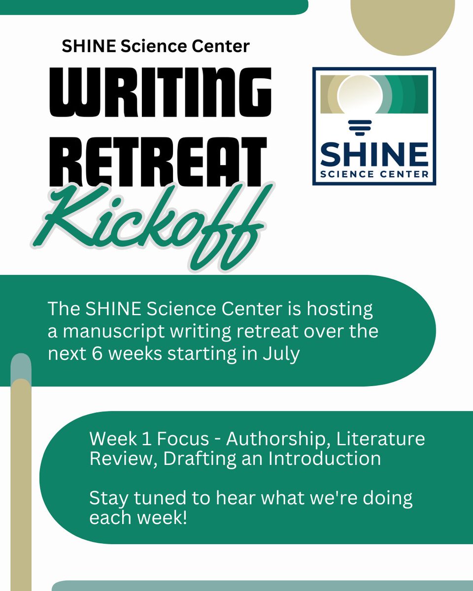 Exciting news from the SHINE Science Center!🌟 This July, our lab is launching a writing retreat focused on crafting manuscripts—from planning all the way to submission. Each session combines expert tips with dedicated writing time. Stay tuned to see our progress! 📝#SHINEscience