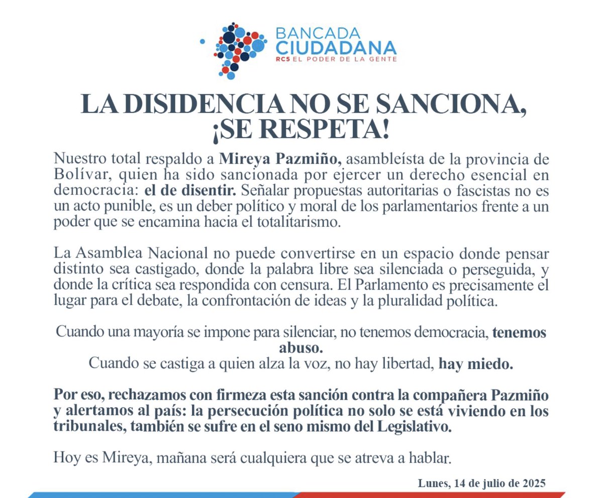 Bancada Ciudadana (@bancadarc5) on Twitter photo Expresamos nuestro total respaldo a nuestra asambleísta <a href="/mireyapazminoa/">Mireya Pazmiño</a>, sancionada por ejercer su derecho a disentir.
En una democracia, la crítica no se castiga, se escucha.
👇
#ConMireyaPazmiño
#LaVozNoSeSanciona
#DemocraciaSinMordaza Expresamos nuestro total respaldo a nuestra asambleísta <a href="/mireyapazminoa/">Mireya Pazmiño</a>, sancionada por ejercer su derecho a disentir.
En una democracia, la crítica no se castiga, se escucha.
👇
#ConMireyaPazmiño
#LaVozNoSeSanciona
#DemocraciaSinMordaza