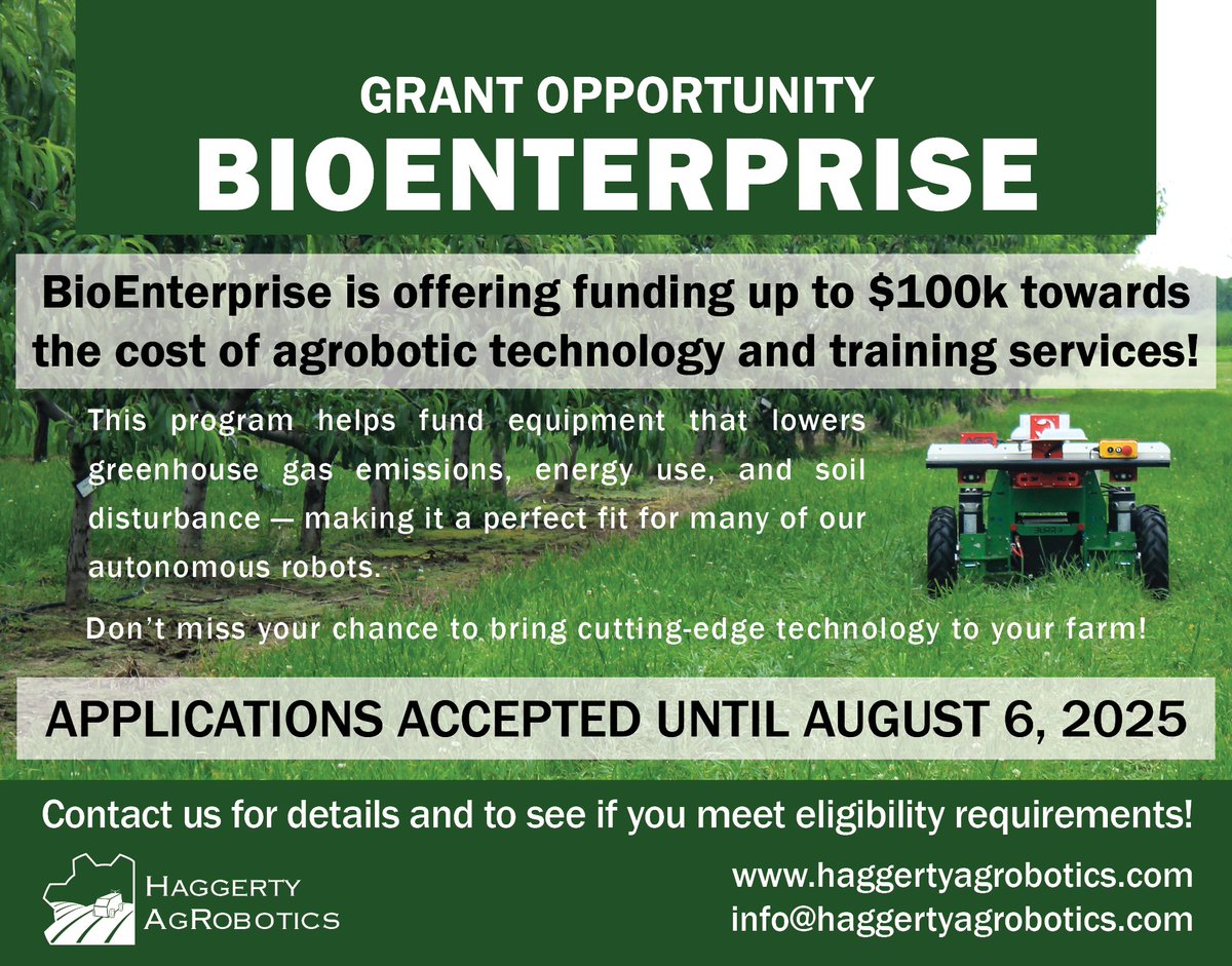 Grant Opportunity! 🌱💡
BioEnterprise Canada is offering funding towards ag tech and training services.  Find out how you get funding for environmentally sustainable equipment!

Contact our team for details and to check your eligibility: haggertyagrobotics.com