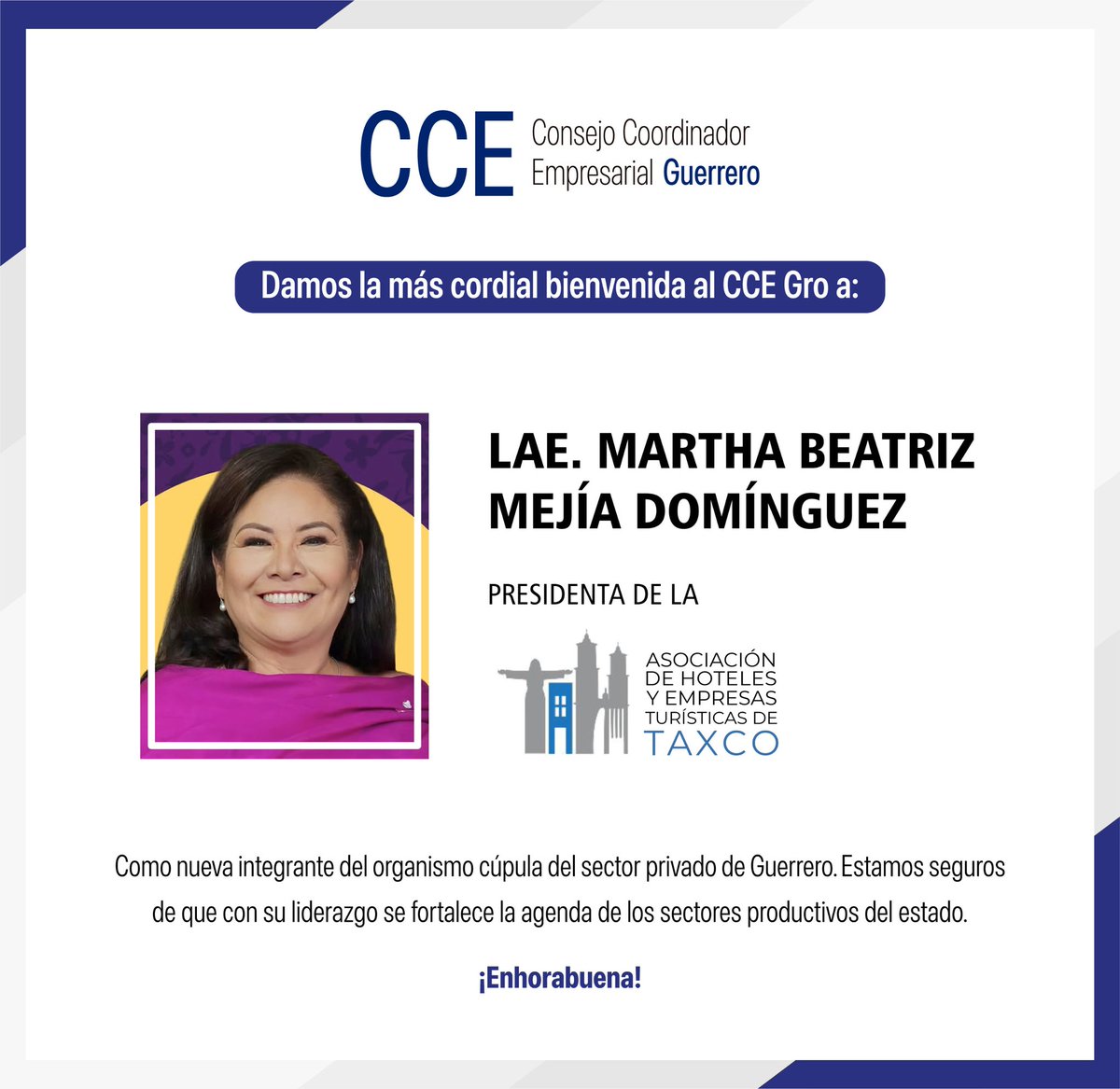 Consejo Coordinador Empresarial Gro (@ccegro_oficial) on Twitter photo Damos la más cordial bienvenida al <a href="/CCEGRO_oficial/">Consejo Coordinador Empresarial Gro</a> a:
LAE. MARTHA BEATRIZ MEJÍA DOMÍNGUEZ
Presidenta de la Asociación de Hoteles y Empresas Turísticas de Taxco (AHETT).
Cómo nueva integrante del organismo cúpula del Sector Privado de Guerrero. Estamos seguros de que con su Damos la más cordial bienvenida al <a href="/CCEGRO_oficial/">Consejo Coordinador Empresarial Gro</a> a:
LAE. MARTHA BEATRIZ MEJÍA DOMÍNGUEZ
Presidenta de la Asociación de Hoteles y Empresas Turísticas de Taxco (AHETT).
Cómo nueva integrante del organismo cúpula del Sector Privado de Guerrero. Estamos seguros de que con su