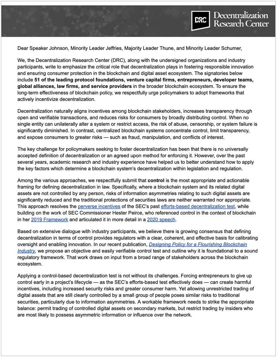 TheDRC_'s tweet image. The industry has made it clear: effective blockchain policy must incentivize decentralization.
DRC and 50 other leading stakeholders in the crypto industry just delivered a joint letter to @SpeakerJohnson, @RepJeffries, @LeaderJohnThune, and @SenSchumer in support of the CLARITY…