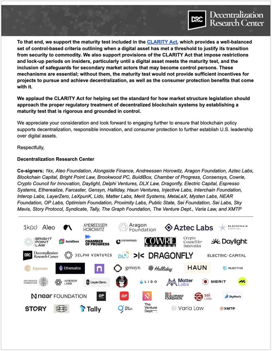 TheDRC_'s tweet image. The industry has made it clear: effective blockchain policy must incentivize decentralization.
DRC and 50 other leading stakeholders in the crypto industry just delivered a joint letter to @SpeakerJohnson, @RepJeffries, @LeaderJohnThune, and @SenSchumer in support of the CLARITY…