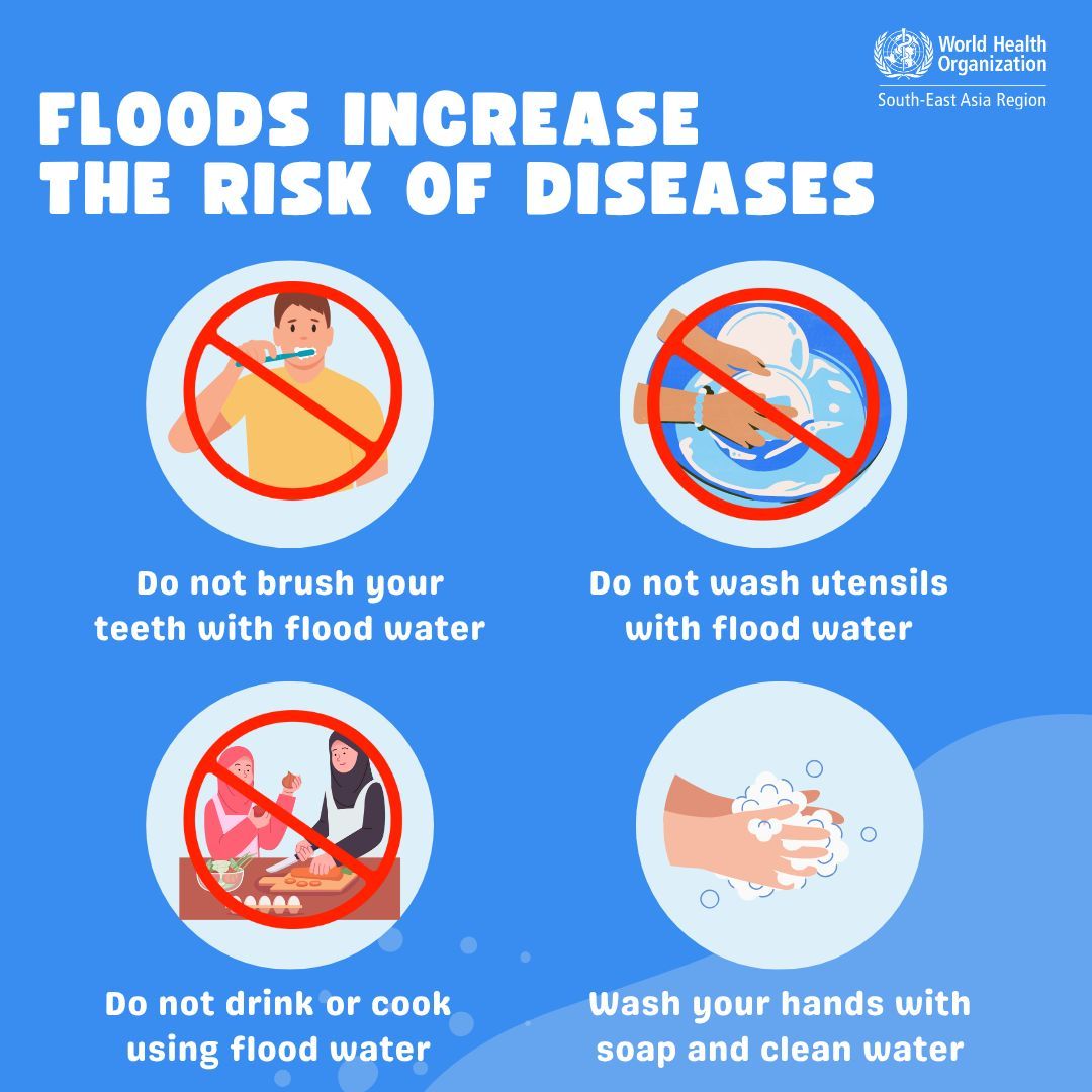 WHOSEARO's tweet image. Floods increase ⬆️ the risk of diseases.
✅ Don’t use flood water for brushing teeth
✅ Avoid using flood water to wash utensils
✅ Never drink or cook with flood water
✅ Always wash hands with soap and clean water
#FloodSafety #HealthAwareness #StaySafe #PublicHealth…