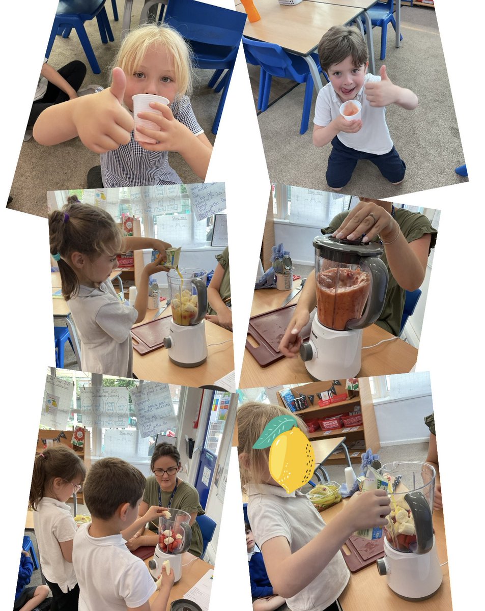 Today year 1 have been making smoothies in DT. We used our designs to decide which fruits we should use and then we tasted each one. They were delicious! 🍓🍌🍑🍍