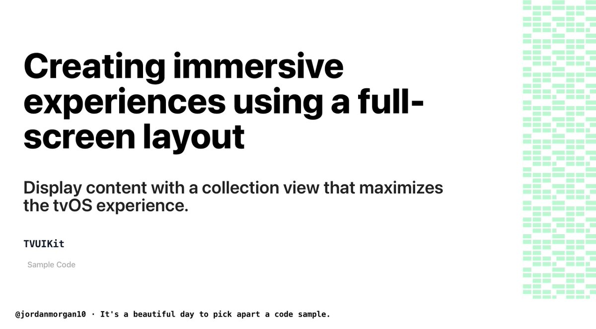 📱Today's code sample is from TVUIKit📱

Creating immersive experiences using a full-screen layout:
Display content with a collection view that maximizes the tvOS experience.

👉developer.apple.com/documentation/…