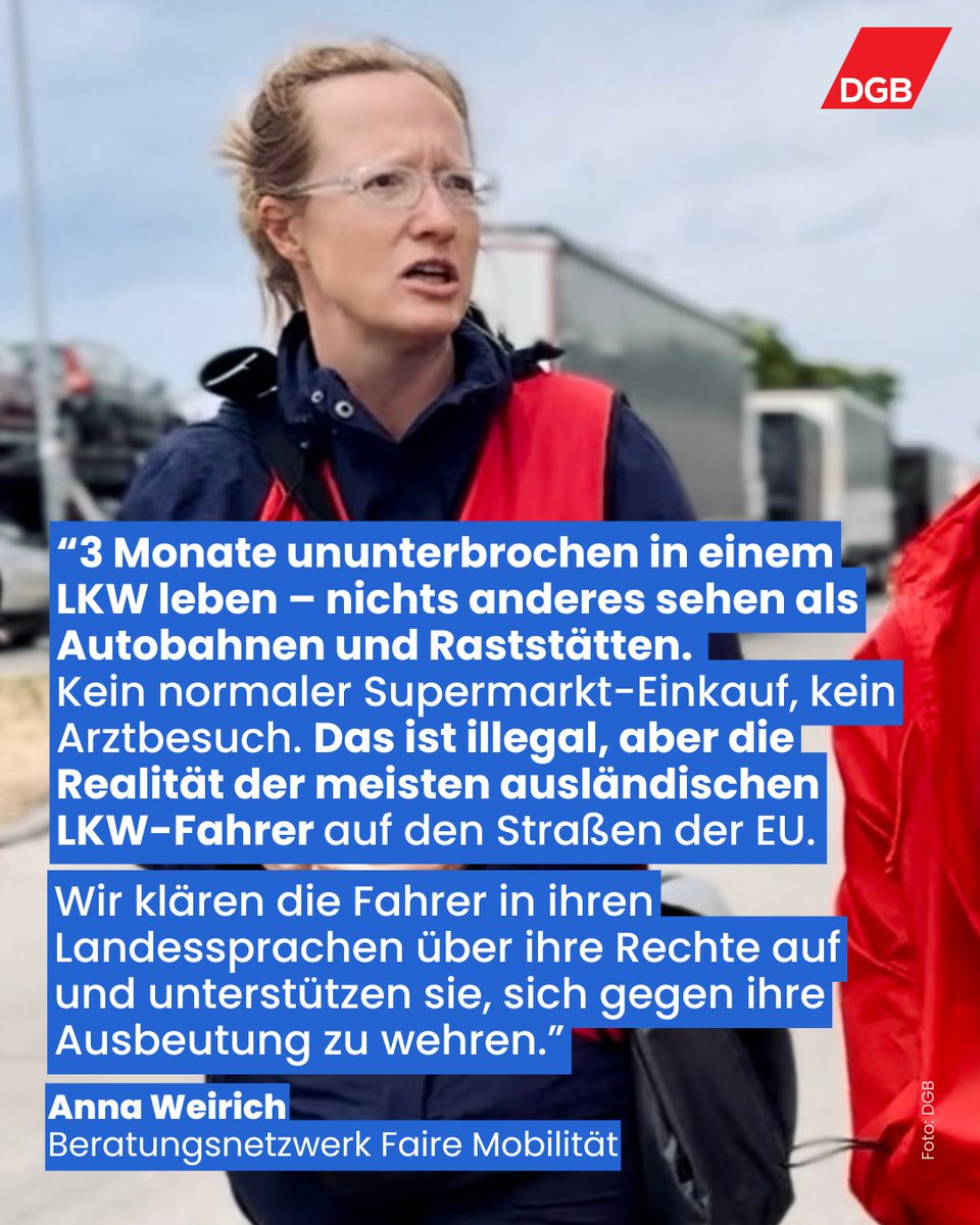 DGB - Deutscher Gewerkschaftsbund (@dgb_news) on Twitter photo Die Ausbeutung von LKW-Fahrern in der EU muss gestoppt werden. Dafür setzt sich auch Anna im gewerkschaftsnahen Beratungsnetzwerk <a href="/FaireMobilitaet/">Faire Mobilität</a> ein. Ein gemeinsamer europäischer Arbeitsmarkt braucht gemeinsame Regeln, die konsequent durchgesetzt werden. Außerdem fordern wir Die Ausbeutung von LKW-Fahrern in der EU muss gestoppt werden. Dafür setzt sich auch Anna im gewerkschaftsnahen Beratungsnetzwerk <a href="/FaireMobilitaet/">Faire Mobilität</a> ein. Ein gemeinsamer europäischer Arbeitsmarkt braucht gemeinsame Regeln, die konsequent durchgesetzt werden. Außerdem fordern wir