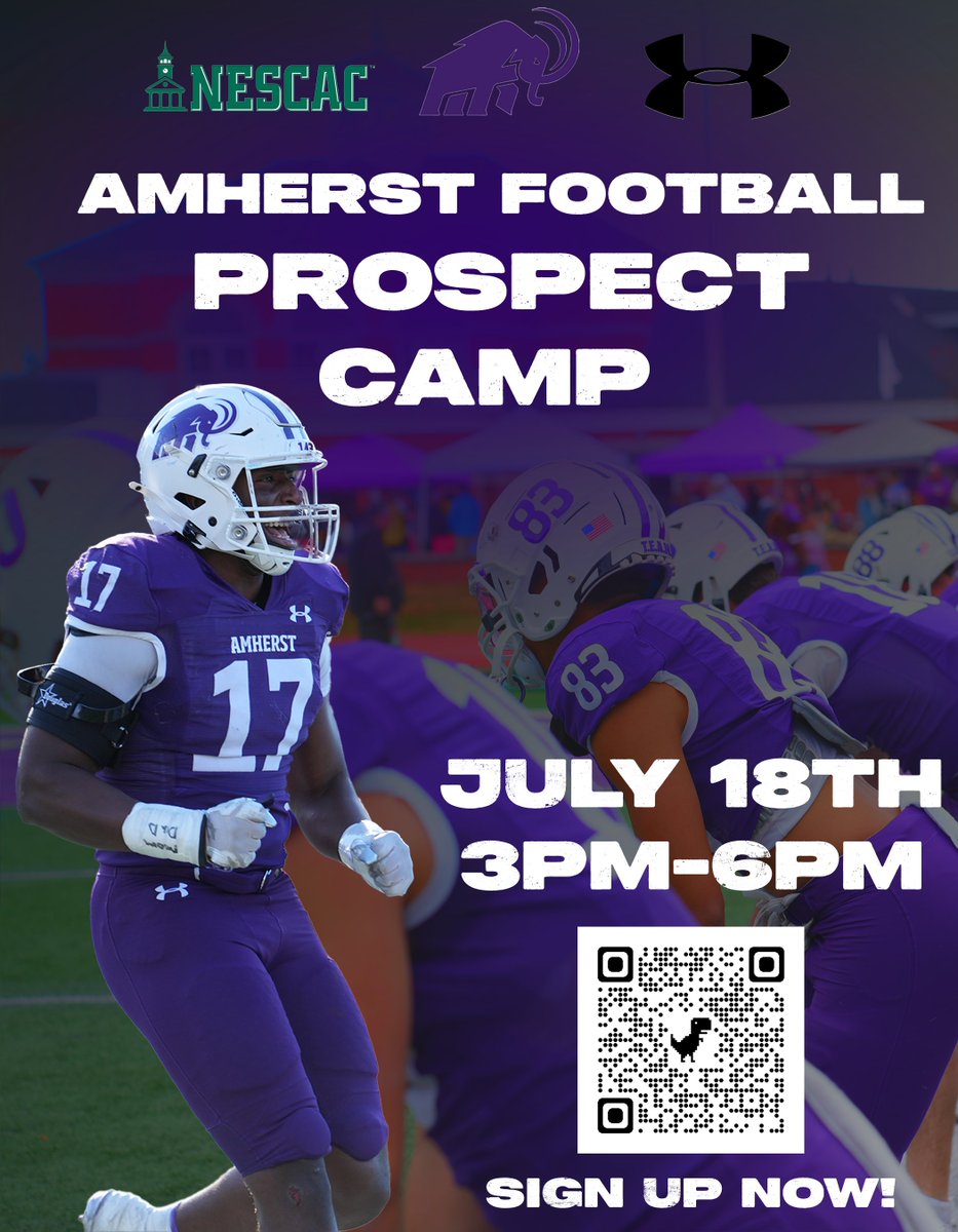 ‼️‼️Our LAST Prospect Camp is this FRIDAY July 18th here at Amherst College‼️‼️

⏲️3pm - 6pm  
🏈Pratt Field at Lehrman Stadium  
52 Orchard St, Amherst, MA 01002  

Sign up now and come to compete 
               ⬇️⬇️⬇️
amherstfootball.totalcamps.com/About%20Us