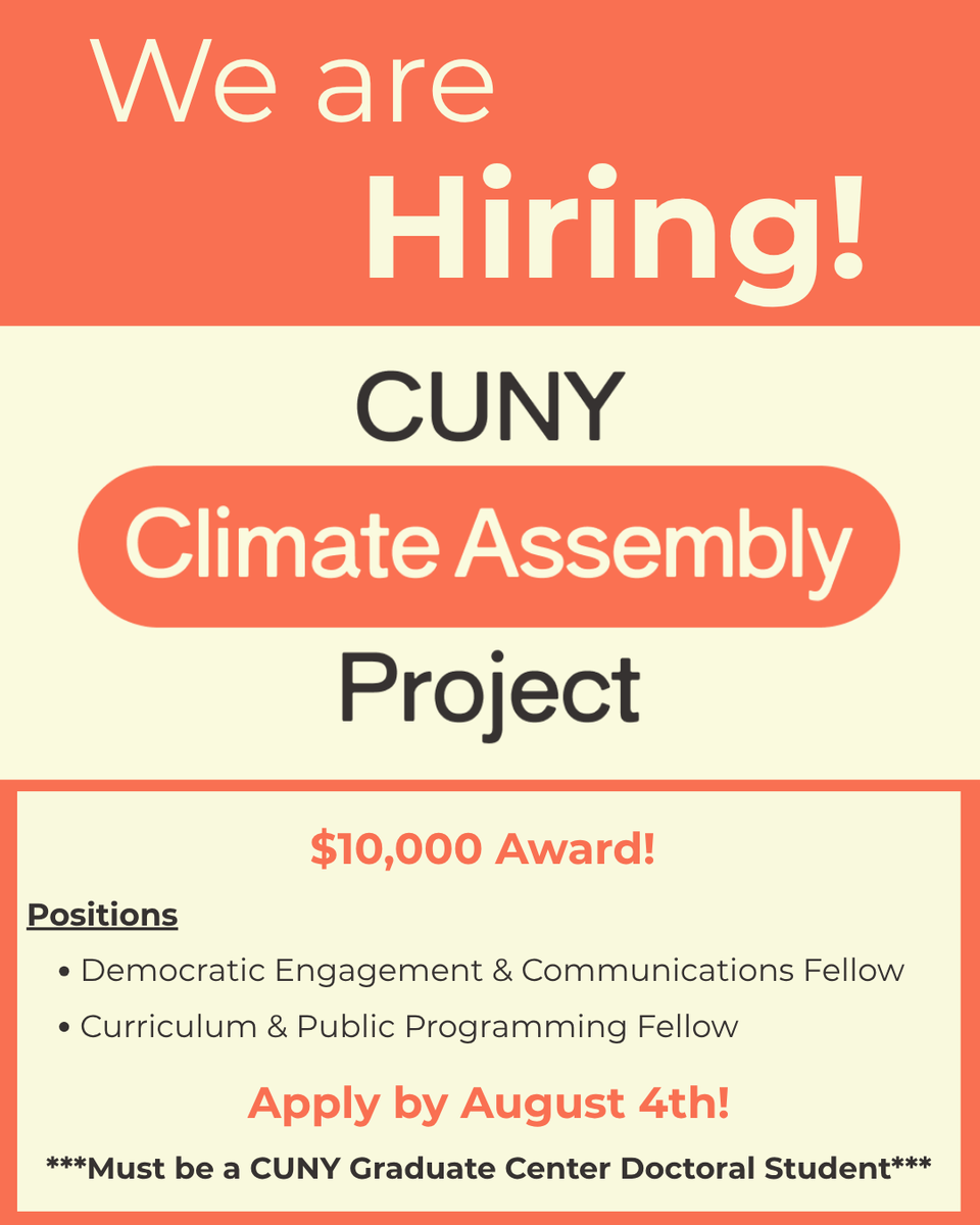 Center for the Humanities at GC CUNY (@humanitiesgc) on Twitter photo The CUNY Climate Assembly Project (CCAP) is a new democratic initiative for CUNY students to advance climate solutions at CUNY. APPLY NOW <a href="/GC_CUNY/">The Graduate Center</a> students for two $10,000 fellows: Democratic Engagement & Communications/ & Curriculum & Public Programming centerforthehumanities.org/call-for-appli… The CUNY Climate Assembly Project (CCAP) is a new democratic initiative for CUNY students to advance climate solutions at CUNY. APPLY NOW <a href="/GC_CUNY/">The Graduate Center</a> students for two $10,000 fellows: Democratic Engagement & Communications/ & Curriculum & Public Programming centerforthehumanities.org/call-for-appli…