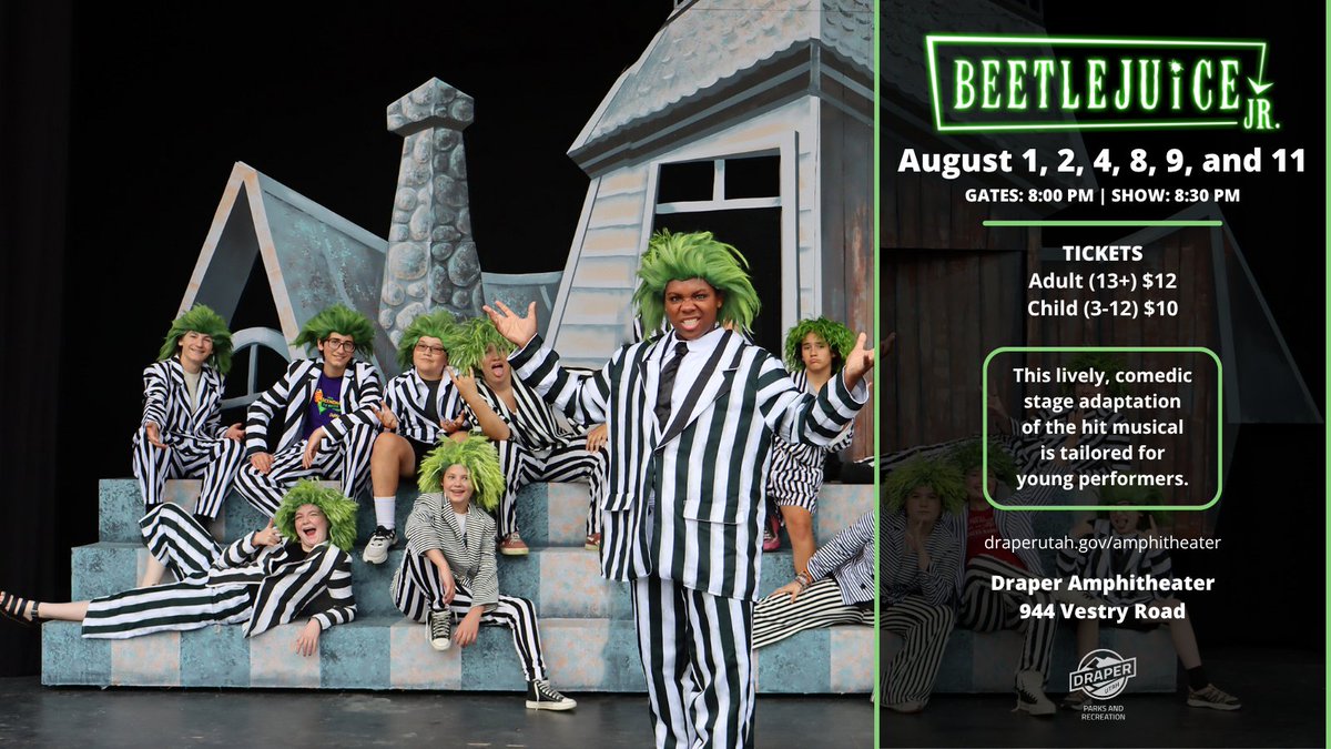 With high-energy musical numbers and a blend of humor and heartfelt moments, Beetlejuice Jr. explores themes of family, identity, and the importance of embracing life. Get your tickets now at draperutah.gov/events-program…