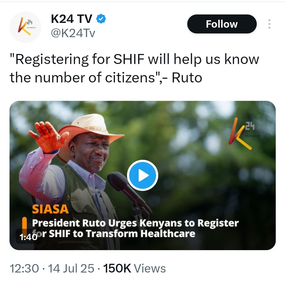 We have conducted censuses in KE since 1948 but someone thinks SHIF more reliable than censuses, even with the statistics below?

KE population registered for SHIF:
Nyeri 24.8%
Kirinyaga 20.3%
Garissa 2.3%
Turkana: 3.0%
Mandera: 3.4%
Wajir: 4.1%
West Pokot:4.3%
Diaspora: 0%