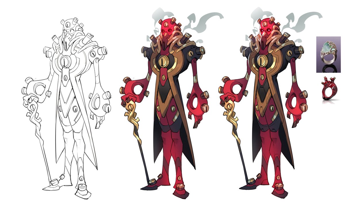 FrunzBb's tweet image. Old concept of a steampunk aristocrat golem I designed some time ago.
The idea was inspired by these two references. Tried to imagine a character that blends elegance with machinery.
Still loving the gold-red-black combo
#conceptart #characterdesign