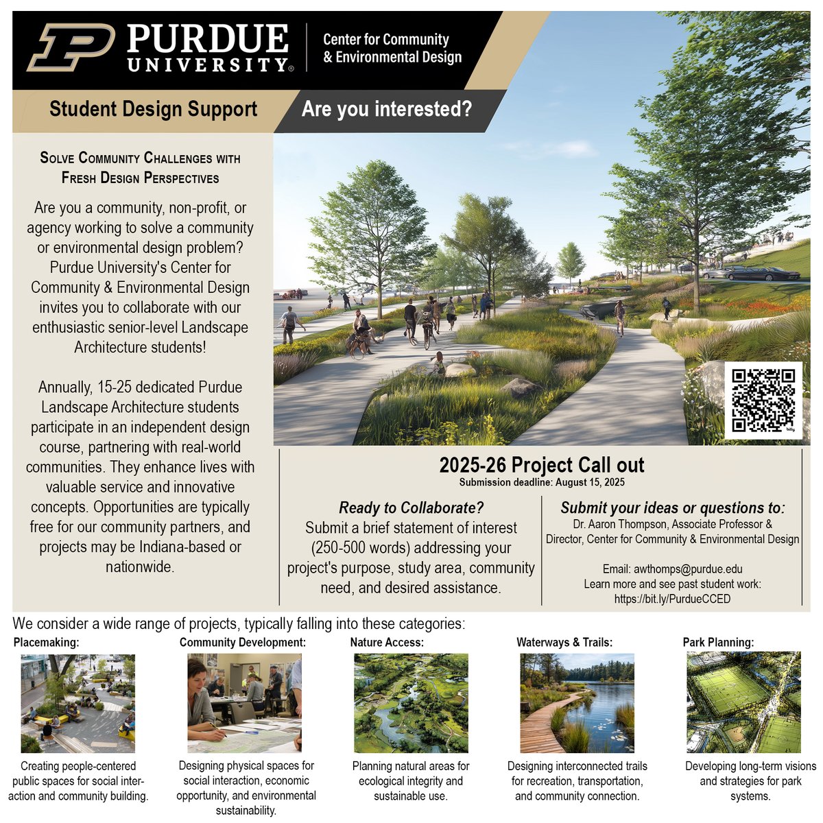PurdueHortLA's tweet image. Calling all communities, nonprofits & agencies!
Got a design challenge? Purdue Landscape Architecture students want to help.
Partner with us for innovative, real-world solutions to community & environmental issues.
Deadline: Aug. 15, 2025
Learn more: purdue.edu/hla/sites/hla-…