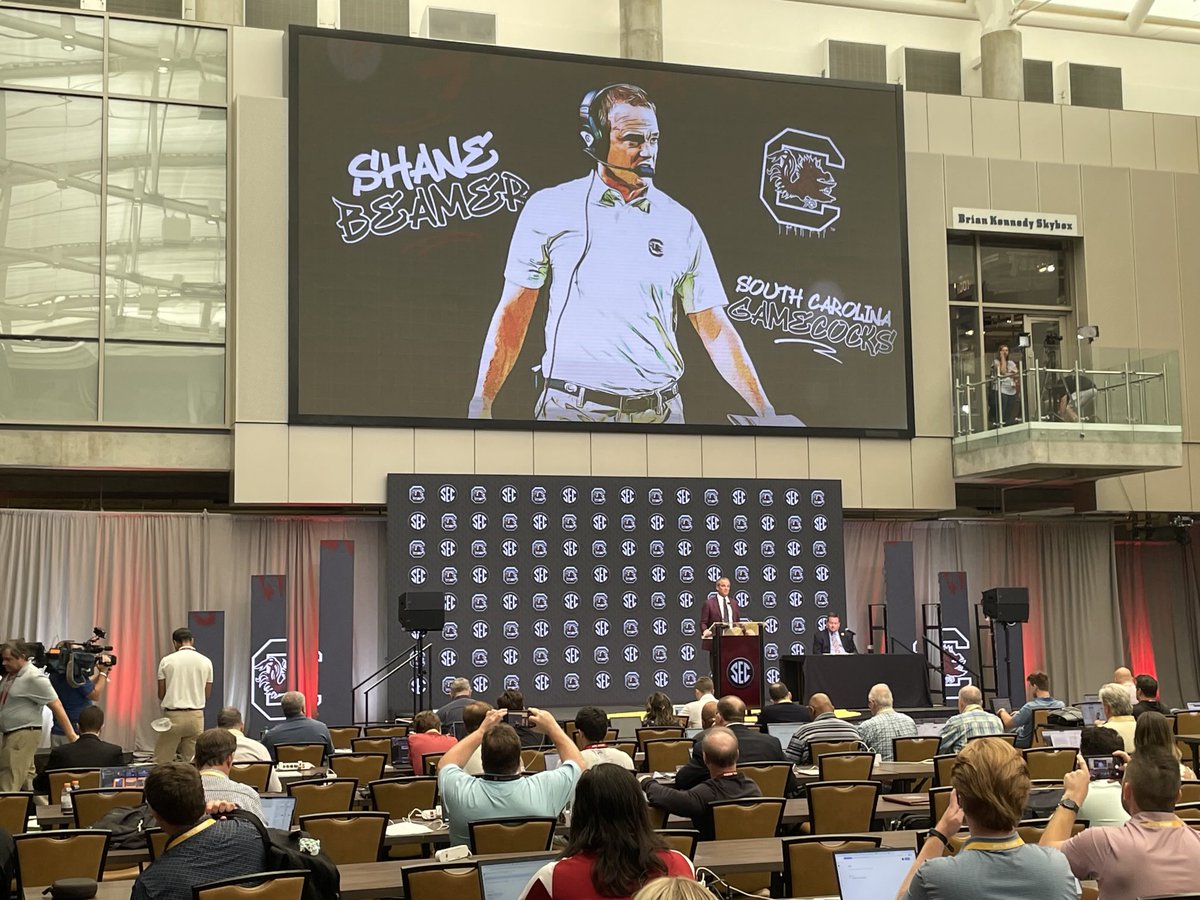 ⁦<a href="/CoachSBeamer/">Shane Beamer</a>⁩ takes the stage in the Big Room. #SECMediaDays