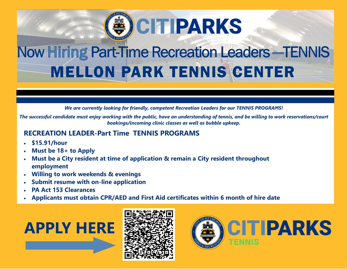 CitiParks's tweet image. You’re going to LOVE being on our TEAM!
Now Hiring Part-Time Recreation Leader for Mellon Park Tennis Center!
Starting at $15.91/hour
Use the QR Code or Apply HERE: buff.ly/wU2dxUy
@Pittsburgh