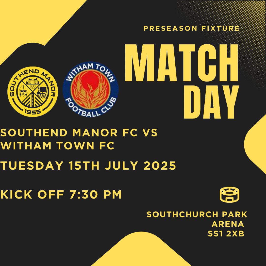 NEXT PRE-SEASON FIXTURE 🟡⚫️

We’re back in action this week as tomorrow take on Witham Town FC in our next pre-season test! 💪

🗓️ Tuesday 15th July  
🕐 7:30 PM kick-off
🏟️ Southchurch Park Arena 
📍 SS1 2XB
🎟️ Adults: Free / Concessions: Free / U16’s Free

Another step in the