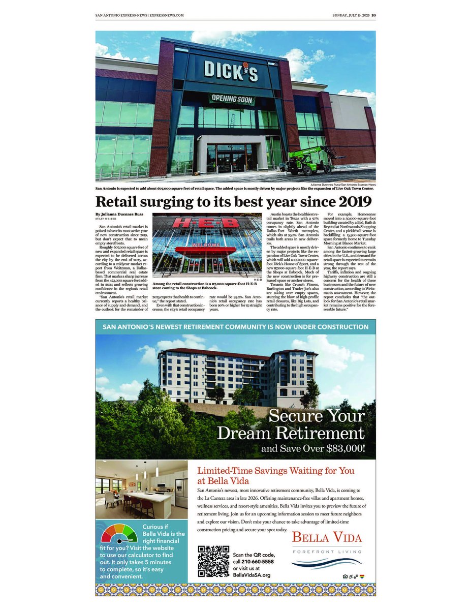 The Sunday print edition of the San Antonio Express-News features great coverage of our new mid-year retail report for the market. #MarketIntellligence #AlamoCityRetailMarketUpdate2025