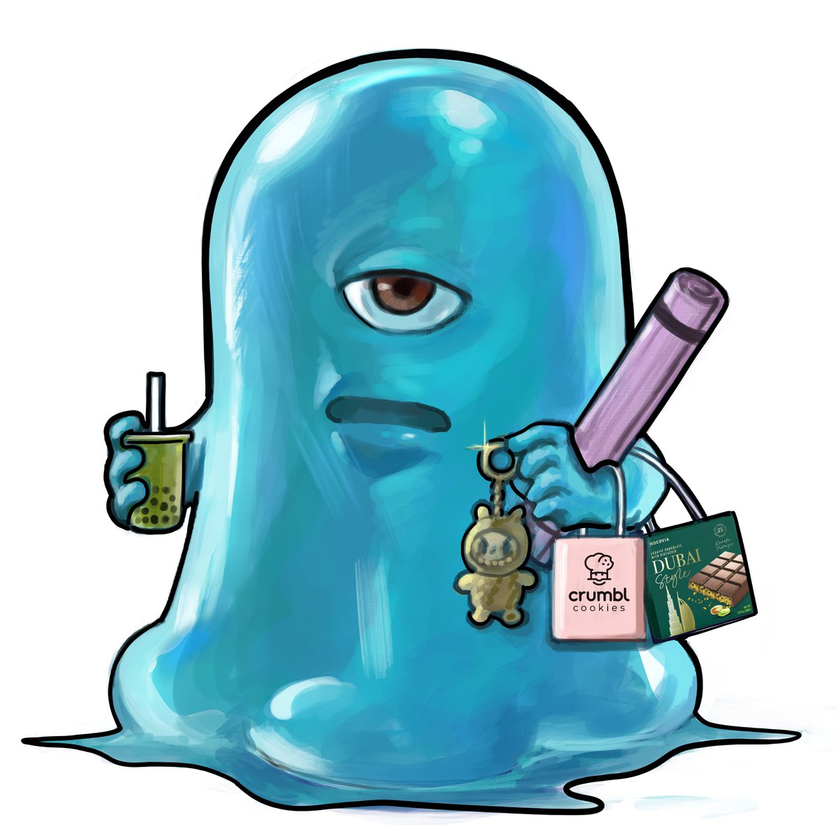 bob the blob on his way to matcha pilates in bali before the 24 karat golden labubu dubai chocolate crumbl cookie rave