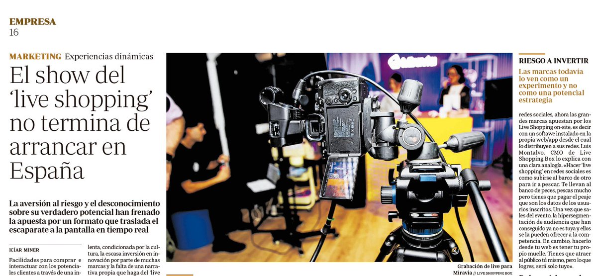 La semana pasada me ☎️ llamó Iciar Miner, periodista 👩🏼‍🎓 de ABC, para preguntarme❓unas cuantas cosas sobre #LiveShopping en España.

Se puede ver 🔎 la noticia  aquí: abc.es/economia/show-…

Se puede descargar ⬇️ la noticia completa en formato PDF aquí: we.tl/t-YnVWGObFeT