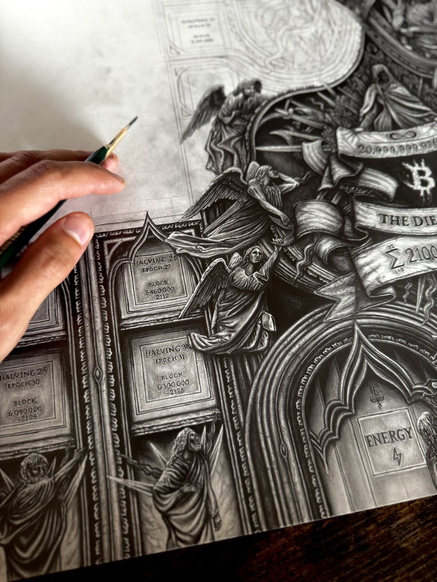 The way this little angel literally pops out of the drawing is beautiful to look at. Such effects are not easy to achieve, especially given the tiny size.

Roughly 4 cm² area, which I have to work on for a long time.
