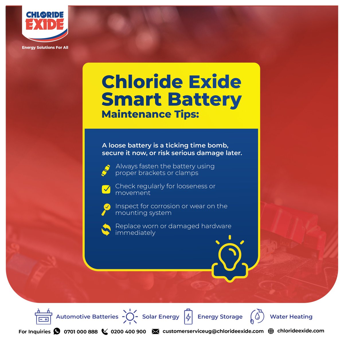 chlorideexideug's tweet image. That little rattle under the hood could cost you big.
A battery that isn’t properly secured takes the hit from every bump in the road, slowly wearing it down from the inside.
Stay ahead of the damage.
Call or WhatsApp the experts for assistance: 0200400900 | 0701 000 888…