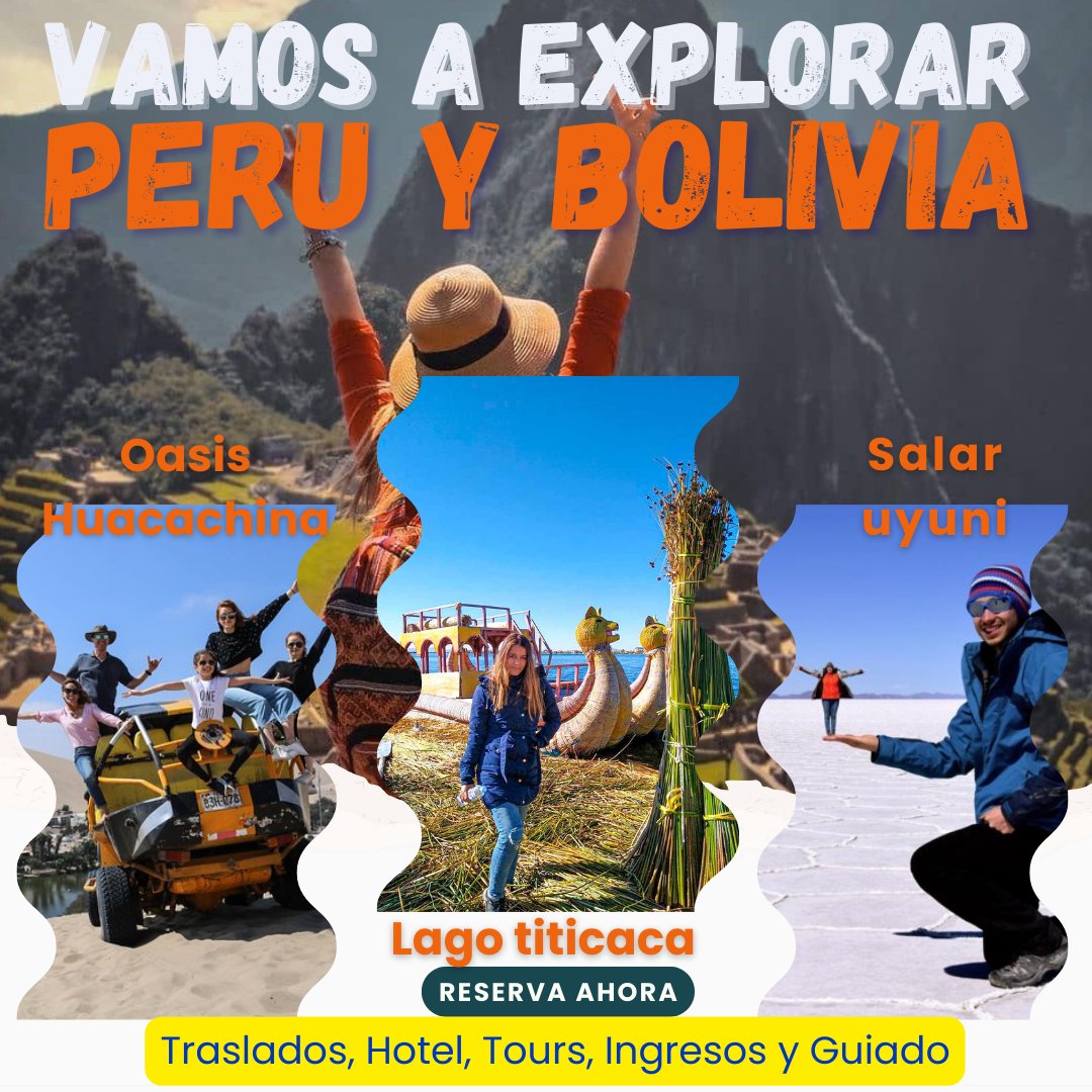 TunkiMapiTravel's tweet photo. 18 Días 17 Noches Lima Huacachina Machupicchu Lago Titicaca Salar Uyuni Reservas@tunkimachupicchutravel.com
https://t.co/D2Q9U1yyts
#MachuPicchu #Cusco #peru #tusueñohechorealidad #travel #viajesinolvidables #viaje #viajesuyuni #uyunibolivia #salaruyuni #Bolivia https://t.co/hEj8Bc2JOB