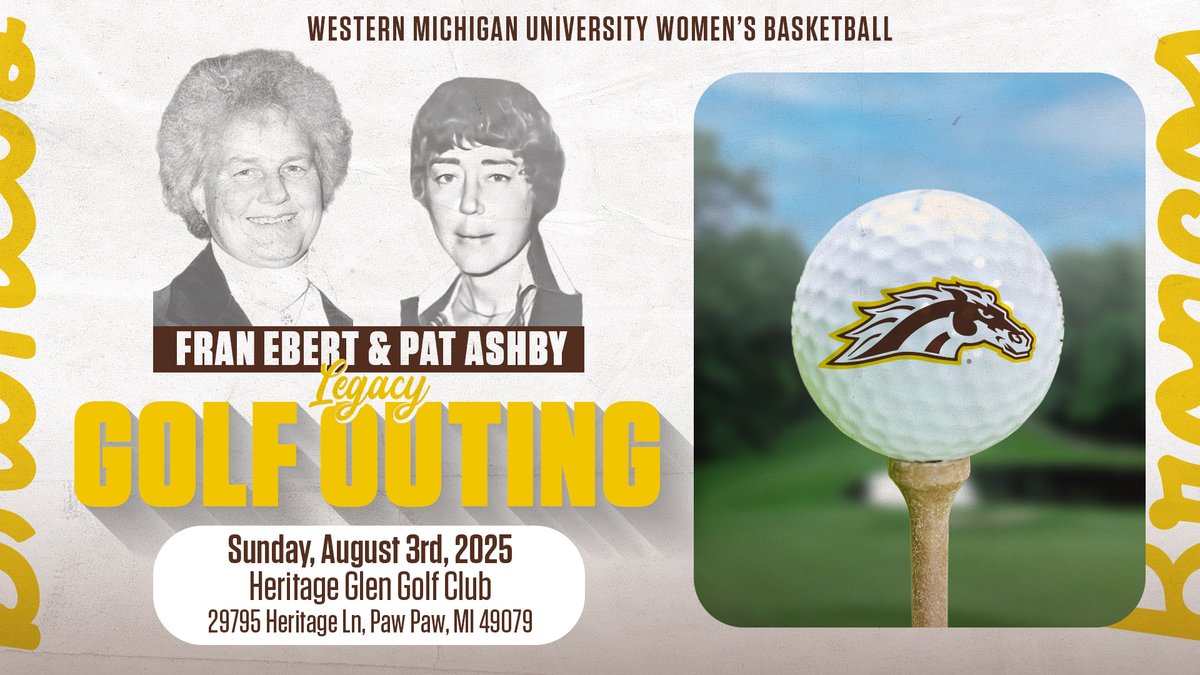 WMU_WBB's tweet photo. 🚨 Don’t forget to sign up! 🚨
The Fran Ebert & Pat Ashby Legacy Golf Outing is Sunday, Aug. 3 at Heritage Glen ⛳️
Support WMU Women’s Basketball 💛🐴
📍 Paw Paw, MI
✅ Register now: https://t.co/mtpU5atFAQ
#WMUWBB #GolfOuting2025 #BroncoLegacy #WMUBroncos https://t.co/Ff2MaWqop4