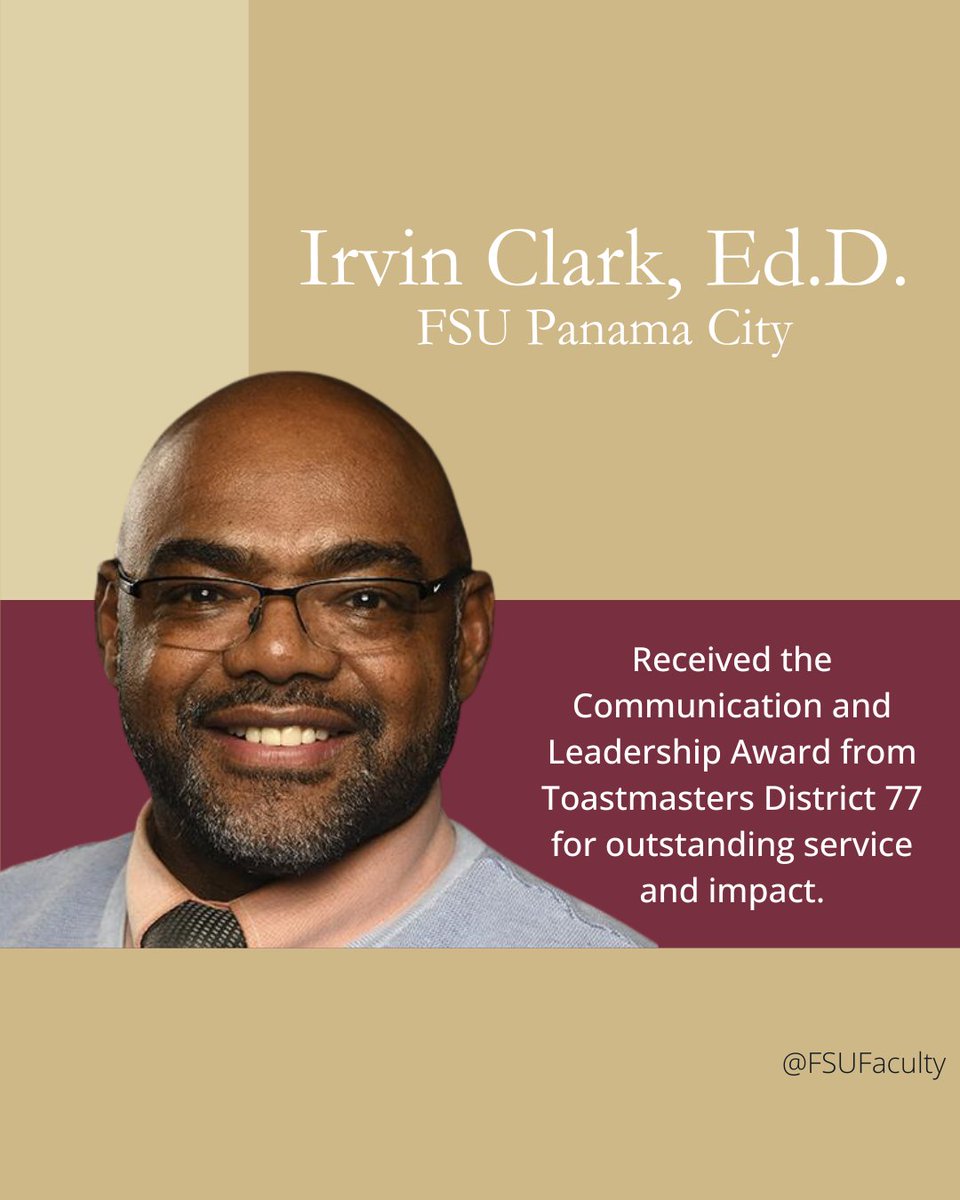 FSUFaculty's tweet image. Irvin Clark, Ed.D. from @fsupanamacityfl , received the Communication and Leadership Award from Toastmasters International District 77. He was recognized because his “dedication and service to your community exemplify the highest standards of excellence and integrity".🏆🗣️
#FSU