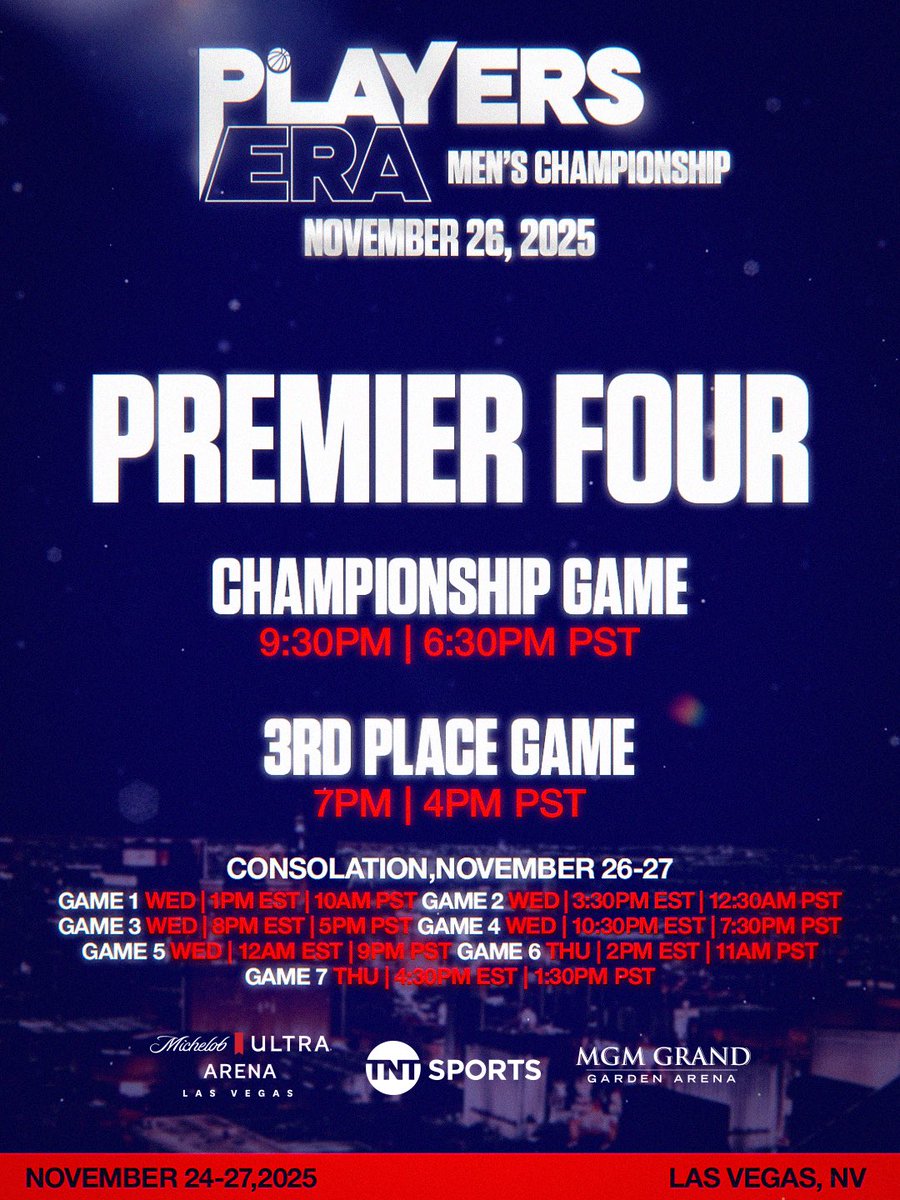 Introducing November Mania
27 Games, 4 Days, 1 Champion, Las Vegas

Players Era Men's Championship: The biggest in-season event ever🏀

📍Location:
MGM Grand Garden Arena 🎰
Michelob ULTRA Arena Las Vegas 🏟️

📺 TNT Sports, with games broadcast on TNT, truTV, HBO Max