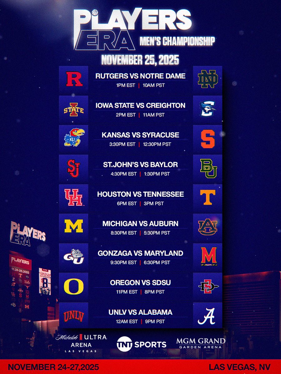 Players_Era's tweet photo. Introducing November Mania
27 Games, 4 Days, 1 Champion, Las Vegas

Players Era Men's Championship: The biggest in-season event ever🏀

📍Location:
MGM Grand Garden Arena 🎰
Michelob ULTRA Arena Las Vegas 🏟️

📺 TNT Sports, with games broadcast on TNT, truTV, HBO Max https://t.co/v8XNgbdixk