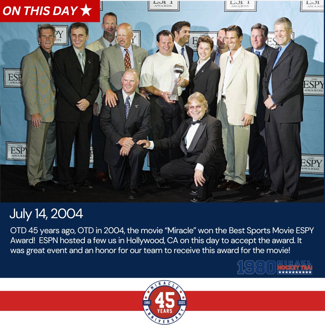 OTD in 2004, the movie “Miracle” won the Best Sports Movie ESPY Award! <a href="/espn/">ESPN</a> hosted a few us in Hollywood, CA on this day to accept the award. It was great event and an honor for our team to receive this award for the movie! 🏒🏅🇺🇸 

#MiracleOnIce #1980Hockey #1980Gold #USA #ESPY