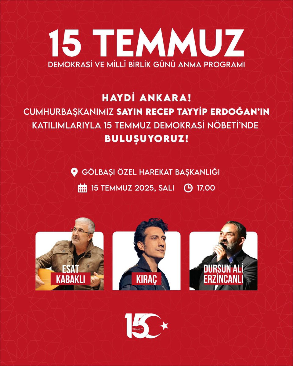 Murat Ercan (@muratercan0606) on Twitter photo Milletin iradesine, bayrağına ve istiklaline kasteden hainlere karşı yazılan destanın yıl dönümünde bir kez daha meydanlardayız.
Sayın Cumhurbaşkanımız <a href="/RTErdogan/">Recep Tayyip Erdoğan</a>’ın katılımlarıyla gerçekleşecek #15Temmuz Demokrasi ve Milli Birlik Günü Anma Programı’nda buluşmak üzere tüm Milletin iradesine, bayrağına ve istiklaline kasteden hainlere karşı yazılan destanın yıl dönümünde bir kez daha meydanlardayız.
Sayın Cumhurbaşkanımız <a href="/RTErdogan/">Recep Tayyip Erdoğan</a>’ın katılımlarıyla gerçekleşecek #15Temmuz Demokrasi ve Milli Birlik Günü Anma Programı’nda buluşmak üzere tüm