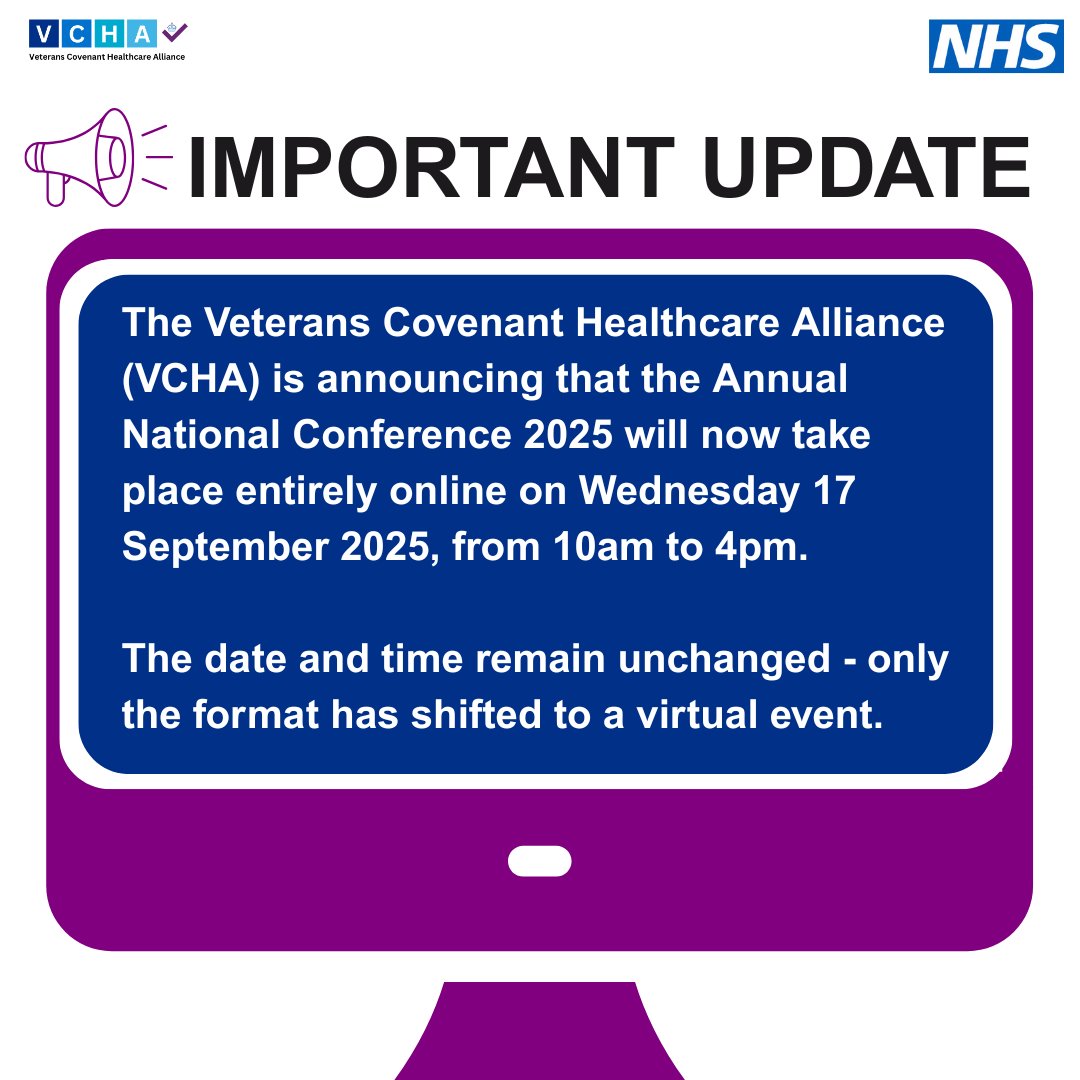 NHSVeteranAware's tweet image. In Case You Missed It:
We are making the VCHA Annual National Conference 2025 fully online.
Hosting the event virtually means more people can attend regardless of location.
Register now: events.teams.microsoft.com/event/f01c6abb…
#NHSVeteranAware