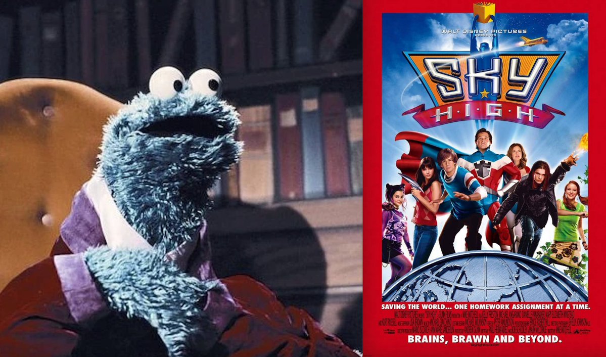f_CookieMonster's tweet image. Cookie Monster movie review: Sky High (2005)
Monster can’t help but tink dat if Wonder Woman had been my high school principal, me could have accomplished so much more in life. Instead, here me is doing movie reviews to help support my cookie habit. But me suppose it could be…