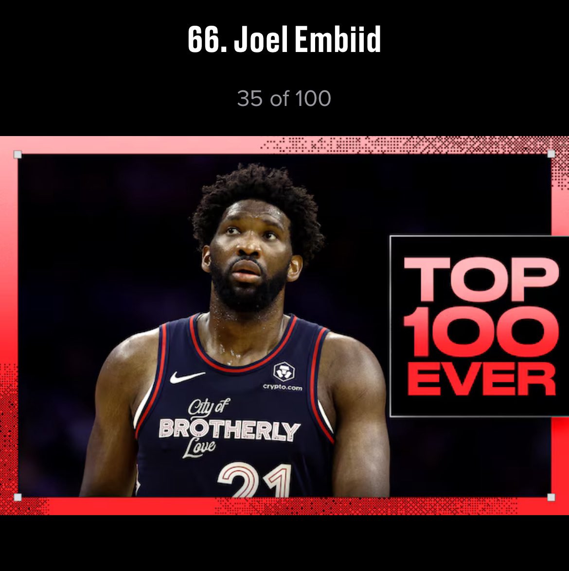EmbiidIsHere's tweet image. Joel Embiid is ranked #66 on Bleacher Report’s Top 100 NBA Players of All Time, thoughts?