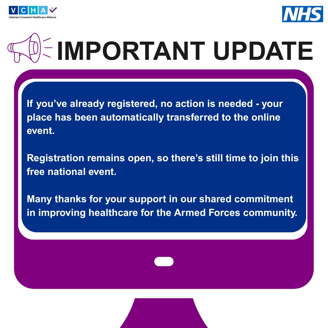 NHSVeteranAware's tweet image. In Case You Missed It:
We are making the VCHA Annual National Conference 2025 fully online.
Hosting the event virtually means more people can attend regardless of location.
Register now: events.teams.microsoft.com/event/f01c6abb…
#NHSVeteranAware
