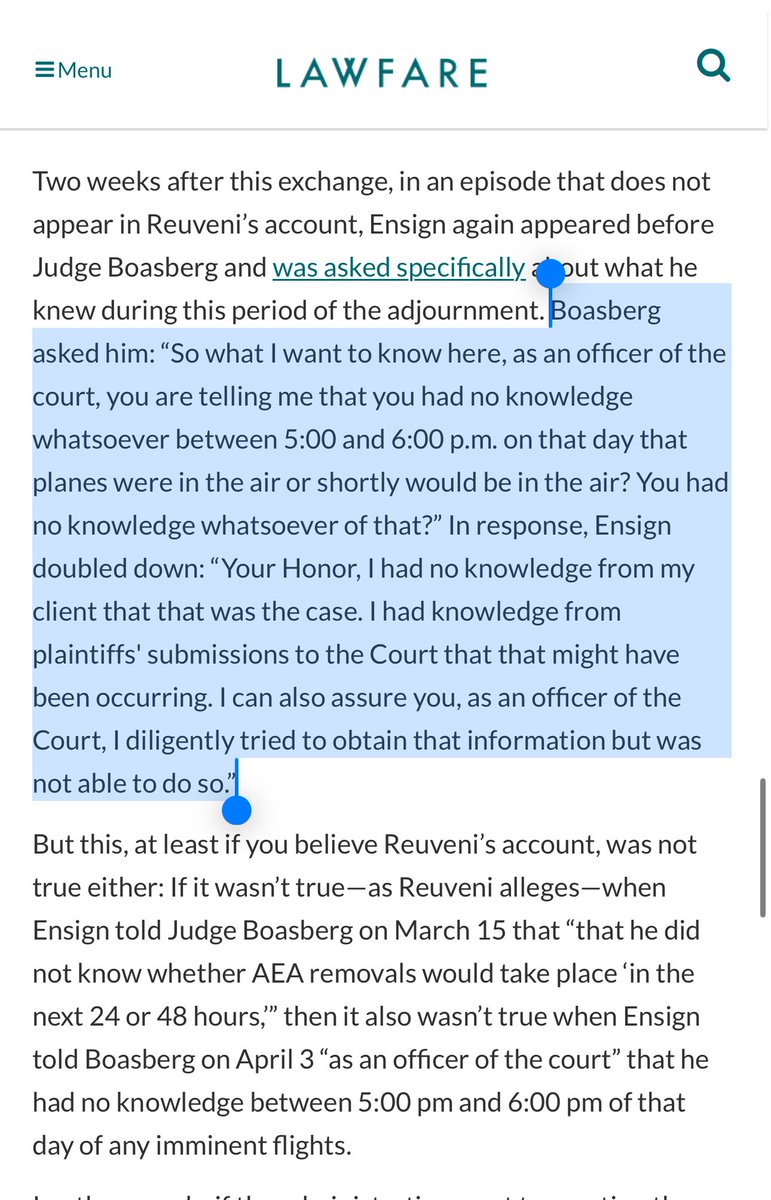 DOJ whistleblower Erez Reuveni says Drew Ensign made a false statement to Judge Boasberg during a hearing on Alien Enemies Act removals. 

If Reuveni’s right, it wasn’t the only time Ensign misled the court. 

Ben Wittes explains: