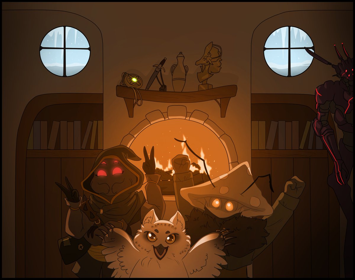 PhoxnSparky's tweet image. A picture I did for a friend of his Legends of Amora OC last winter (The mushroom hat fellow is my character). Yup, they got a pet Owl Bear.
