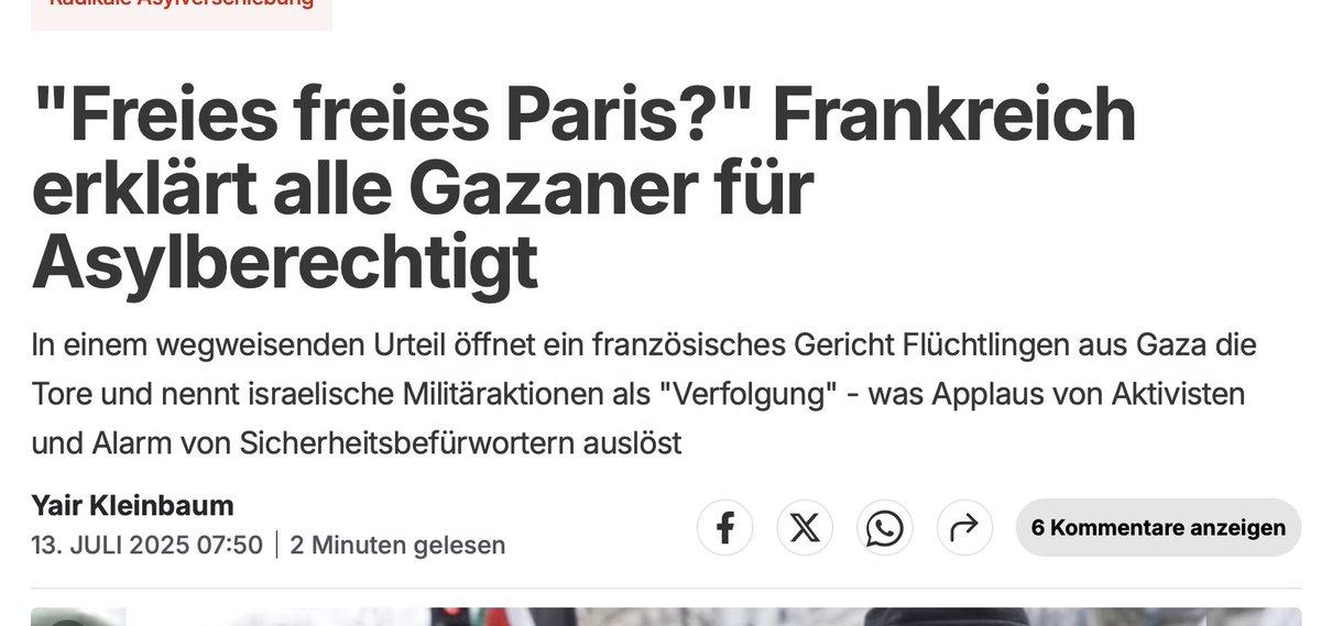 Palästinenser nach Frankreich/Deutschland

🟥 In Frankreich wurde, Berichten zufolge beschlossen, dass alle Palästinenser Asyl beantragen dürfen.

👉 Damit dürfen sie auch nach Deutschland. Die Überfremdung und Islamisierung geht weiter.

👉 Wir brauchen Hilfe und Unterstützung