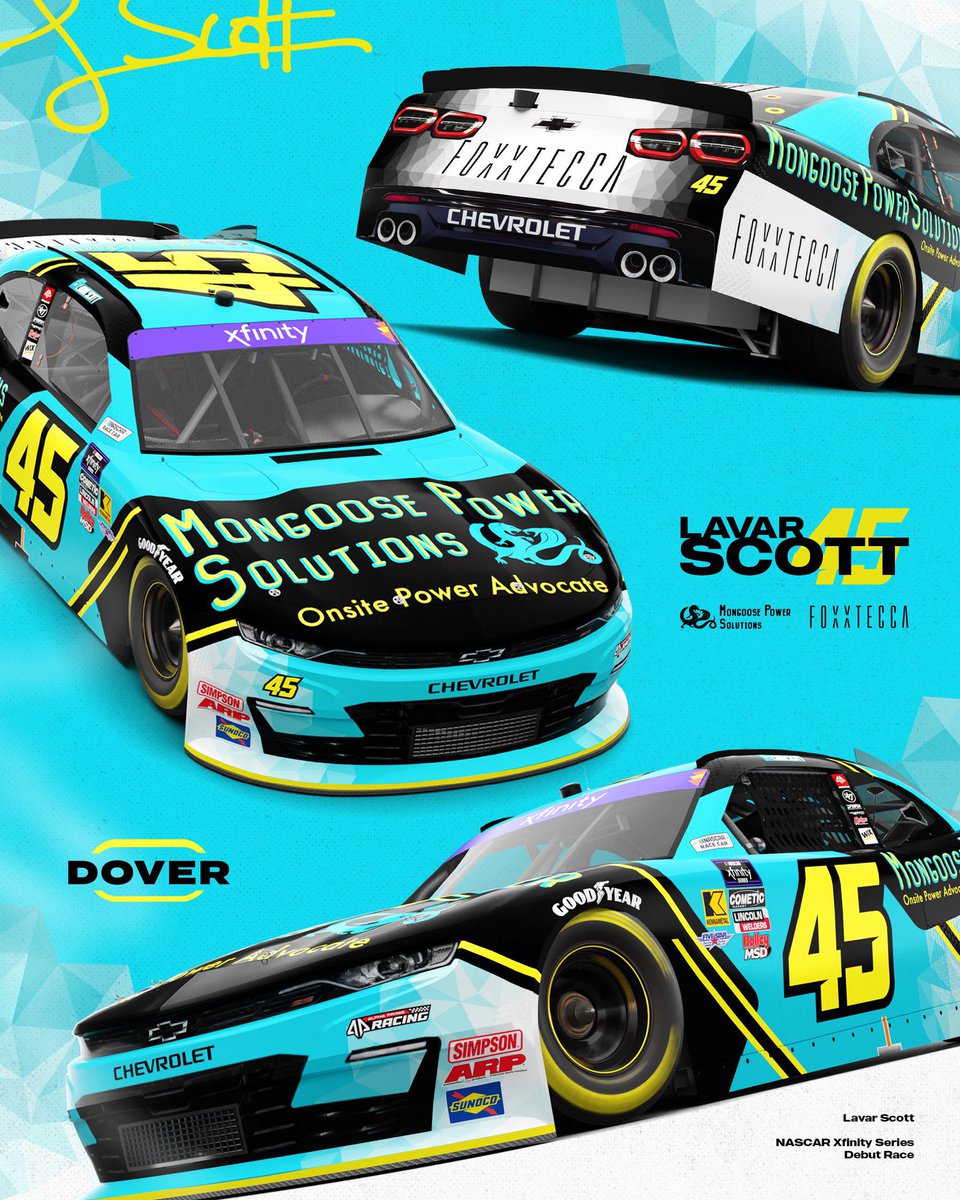 Declan Wayman (@declan_wayman) on Twitter photo Scheme Preview: Hereās a look at Lavar Scottās (<a href="/LavarScott/">Lavar Scott</a>) No. 45 Mongoose Power Solutions Chevrolet Camaro for Alpha Prime Racing that he will pilot in his NASCAR Xfinity Series debut this Saturday at Dover Motor Speedway. #NASCAR Scheme Preview: Hereās a look at Lavar Scottās (<a href="/LavarScott/">Lavar Scott</a>) No. 45 Mongoose Power Solutions Chevrolet Camaro for Alpha Prime Racing that he will pilot in his NASCAR Xfinity Series debut this Saturday at Dover Motor Speedway. #NASCAR