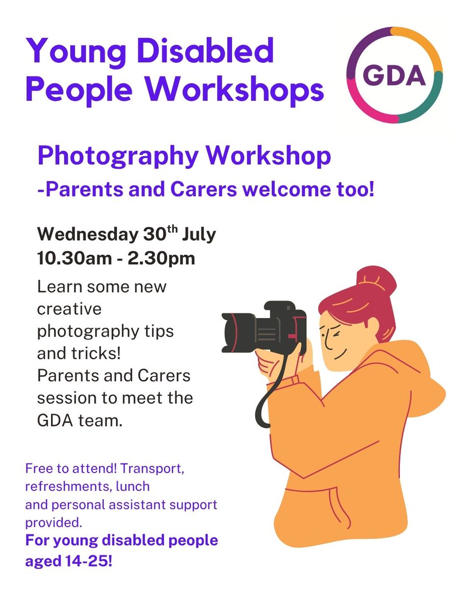 GDA__online's tweet image. There&apos;s still time to sign up for our young disabled people&apos;s photography workshop, taking place on Wednesday 30th July!

Parents and carers are welcome too. Hear from our Community Navigator and Rights Now team.

Call: 0141 556 7103
Text: 07958 299 496
learning@gdaonline.co.uk