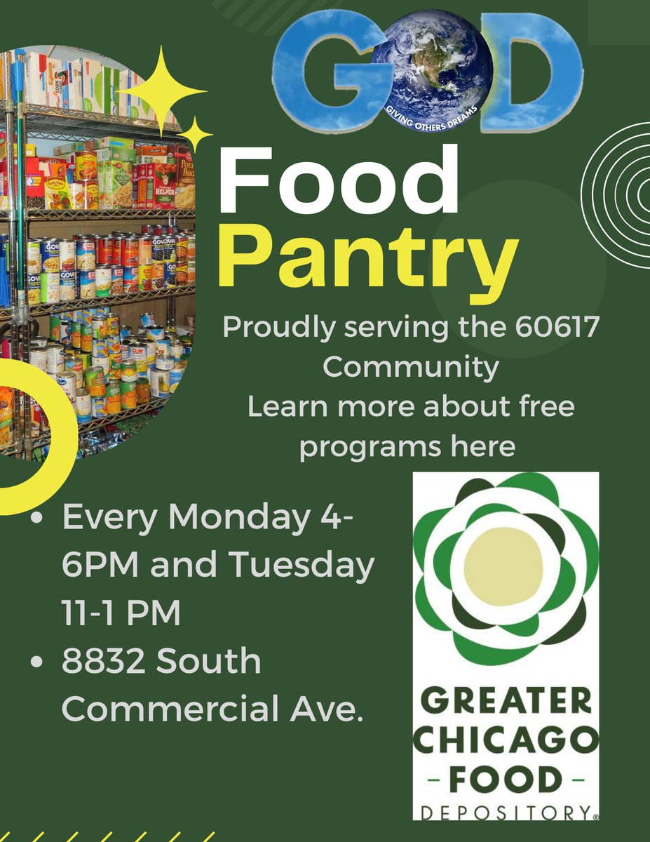 HAPPY FOOD PANTRY MONDAY! 🎊 The G.O.D Food Pantry will be open today! 🤩🌿 

Be sure to come on down today, FROM 4-6 PM for food distribution.

We look forward to serving you!

#FoodPantry #CommunitySupport #ChicagoEvents  #GreaterChicagoFoodDepository  #givingothersdreams