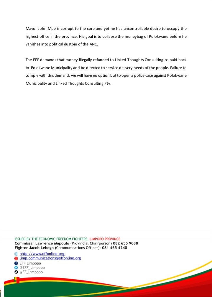 EFF_Limpopo's tweet image. ♦️Media Alert ♦️
The EFF limpopo condemns illegal refund to Linked Thoughts Consulting Pty (Ltd).