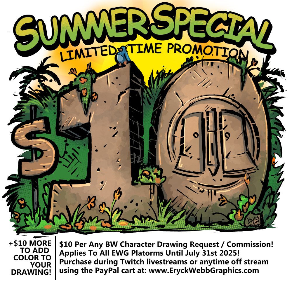 Grab a commission drawing request during the Summer Special! Going on now! 
eryckwebbgraphics.com/2025/07/summer…
Via requests on any DRS Twitch stream or offline anytime via the link above!
#commission #drawing #characterart #emote #logo #sale #special #summer