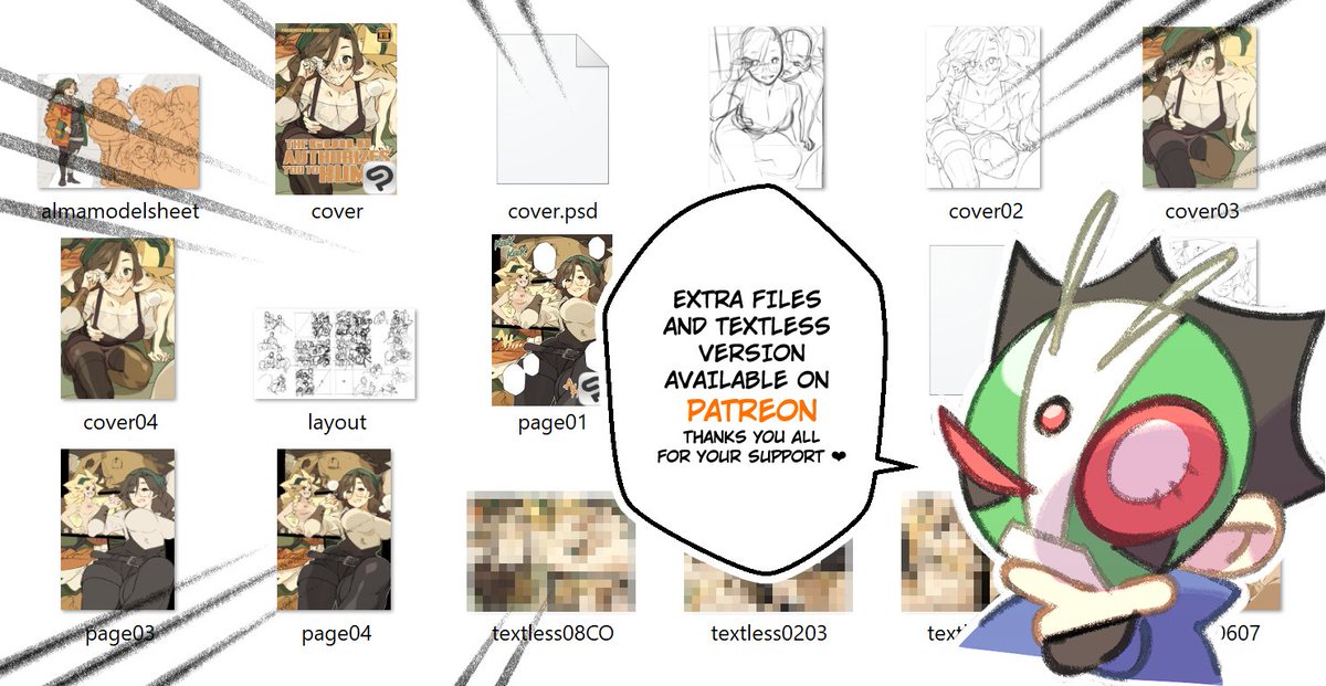 Hey guys! the extra files and textless version from the last doujin are out! Model sheet, layout and layered PSD have been sent to the respective tier! Stay tuned,  thanks for your support!