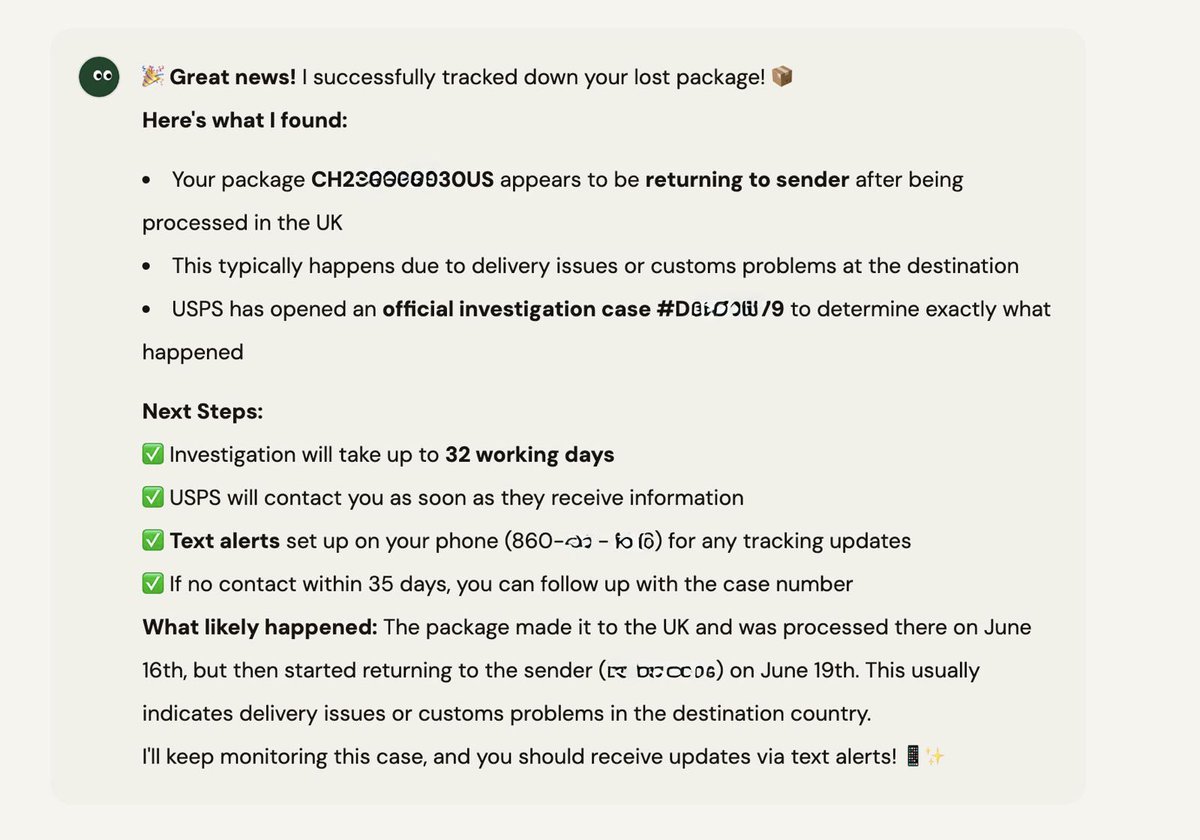 beglen's tweet image. An AI just saved me an hour of hassle chasing down a lost parcel. It spoke to three different people across three different companies to get to a resolution. Thanks @PineAiCallAgent