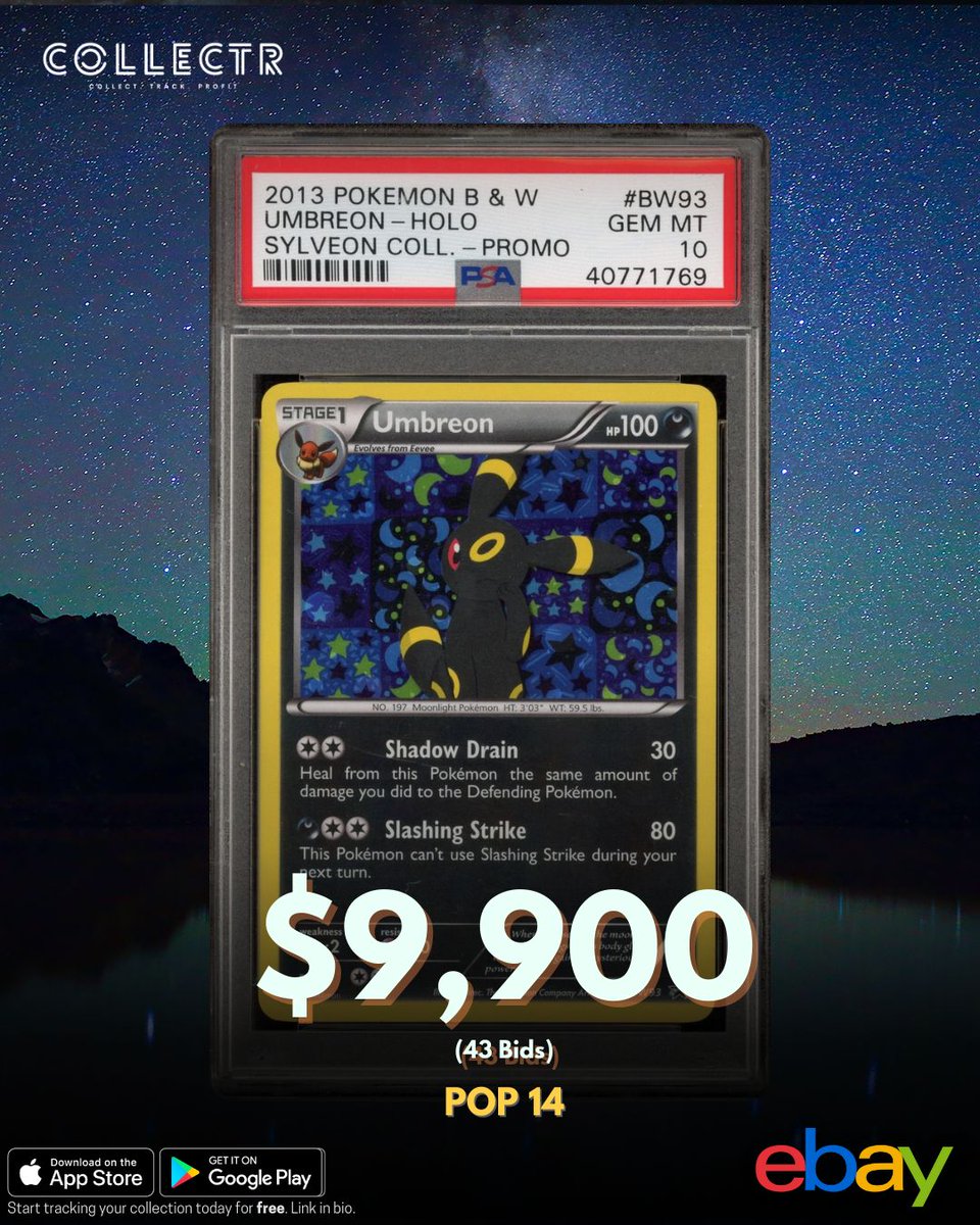 getcollectrapp's tweet image. A #PSA 10 #Umbreon from the #Sylveon Collection Promo just sold in auction on #eBay for $9,900.
This card is only a POP 14 in PSA 10.
#collectr #getcollectrapp #psa10 #goldstarpokemon #goldstarumbreon #pokemon #pokemontcg #pokemoncard #pokemoncards #pokemonsales #ebaysales…