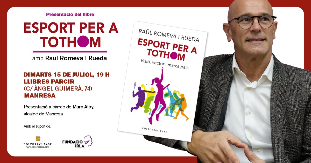 📆 Aquest dimarts ens veiem a #Manresa per gaudir de la presentació del nou llibre 📕 «Esport per a tothom. Visió, vector i marca de país» amb l'autor <a href="/raulromeva/">Raül Romeva i Rueda</a> 
 
🗣 Presentació a càrrec de l'alcalde <a href="/marc_aloy/">Marc Aloy Guàrdia 🎗</a>