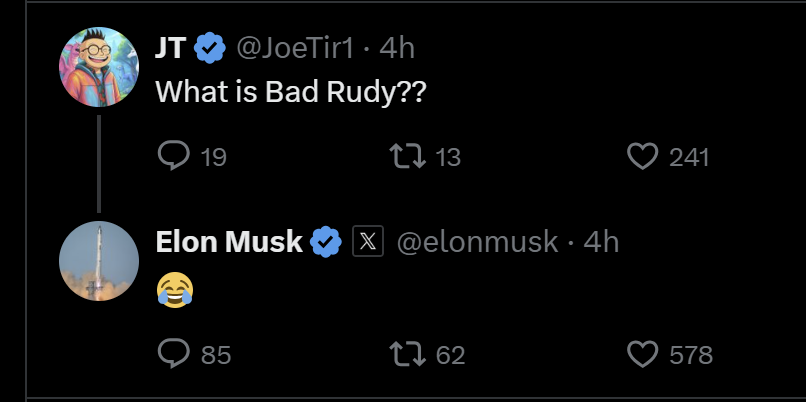 trdertain's tweet photo. If you're thinking that Bad Rudy is the beta play to $Ani then you're clearly wrong.

BAD RUDY HAS THE HIGHEST CHANCE OF ELON CHANGING HIS PROFILE TO.

There is no chance he changes his profile to Ani but There is HUGE chance for BAD RUDY.

IT FITS HIM THE BEST https://t.co/gxXLLvbnw2